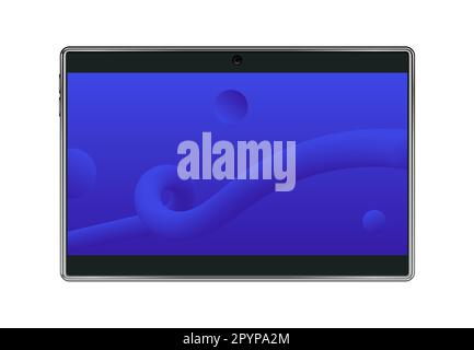 Realistic tablet computer lock screen with abstract blue geometric wallpaper. Realistic image of a tablet on a white background. Vector Stock Vector
