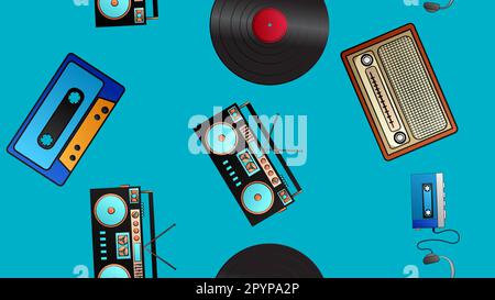 Seamless pattern of retro old hipster music audio cassette players and tape recorders vinyl records and radio from the 70s, 80s, 90s, 2000s on a blue Stock Vector