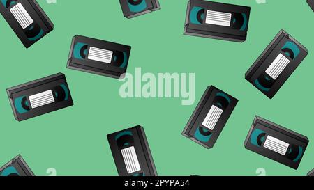 Seamless pattern of retro old hipster video cassettes for watching movies from the 70s, 80s, 90s, 2000s on a green background. Stock Vector