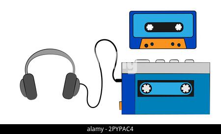 Blue old retro vintage hipster portable music cassette audio player for audio cassettes from the 80's, 90's, audio cassette and headphones on a white Stock Vector