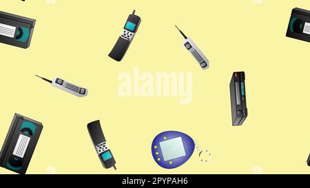 Seamless pattern of retro old hipster electronic devices technology computers cassettes tape recorders mobile phones from the 70s, 80s, 90s, 2000s on Stock Vector