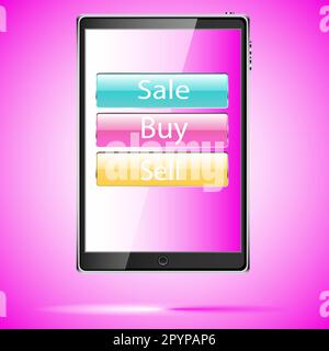 Large black realistic mobile smart touch-sensitive slim tablet computer with shadow with glass buttons sale, buy, sell on display isolated on violet b Stock Vector