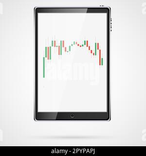Black realistic large vertical smart touch mobile tablet computer with Japanese candles, interval chart of changes in stock quotes, prices for raw mat Stock Vector