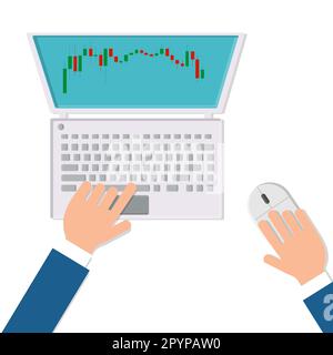 Vector man businessman working on a stock exchange with financial charts with Japanese candles on the workplace desk with a mouse and modern digital c Stock Vector
