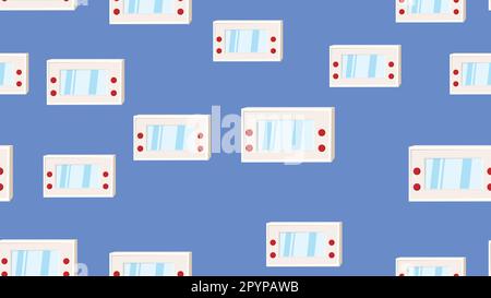 Seamless pattern endless with handheld game consoles, electronic toys old retro vintage hipster from 70s, 80s, 90s isolated on blue background. Vector Stock Vector