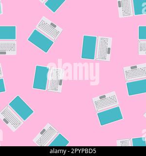 Seamless pattern, texture of modern powerful digital computer mobile laptops with keyboard, technology isolated on pink background. Stock Vector