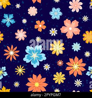 Retro groovy pattern daisies on dark blue background Stock Vector