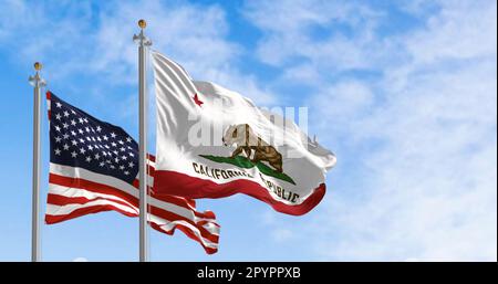 The California Republic state flag waving along with the national flag of the United States of America on a clear day. 3D illustration render. Rippled Stock Photo