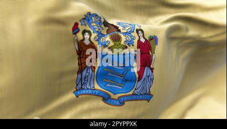 Close-up of the New Jersey state flag. Coat of arms on buff background. US state. Rippled fabric. Textured background. 3d illustration render. Close-u Stock Photo