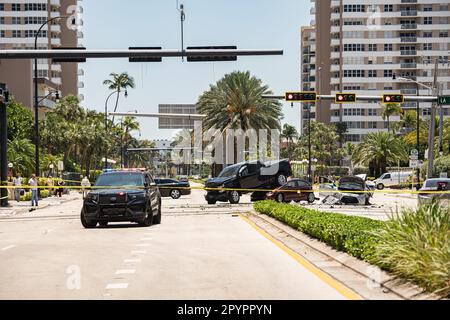 Miami, Florida, USA - May 4, 2023: Terrible car accident happened on Hallandale Beach, Miami in the middle of the beautiful day Stock Photo