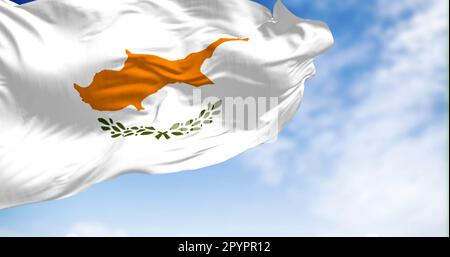 Cyprus national flag waving in the wind on a clear day. White with a copper-orange island silhouette and two green olive branches below it. 3d illustr Stock Photo