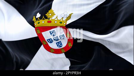 Ceuta flag waving. Ceuta is a Spanish autonomous city. Black and white gyronny with central escutcheon displaying the municipal coat of arms. 3d illus Stock Photo