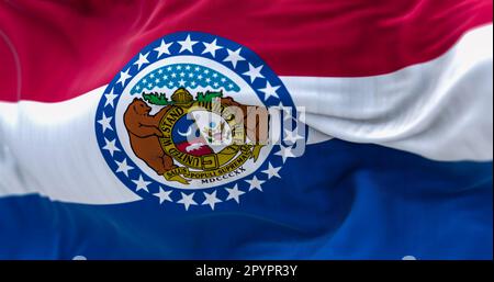 Close-up of the Missouri state flag waving. Red, white, blue horizontal stripes with Great Seal of Missouri in center. 3d illustration render. Texture Stock Photo