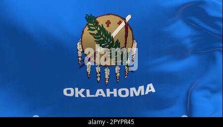 Detail of the the Oklahoma state flag waving. Blue field with a buffalo-skin shield, olive branch and peace pipe. Textured background. 3d illustration Stock Photo