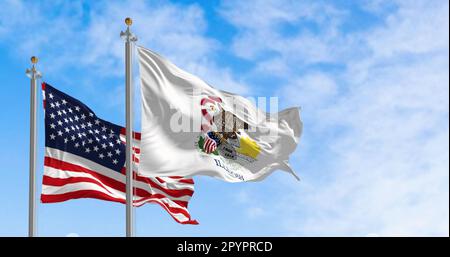 The Illinois state flag waving along with the national flag of the United States of America on a clear day. 3D illustration render. Fluttering fabric Stock Photo