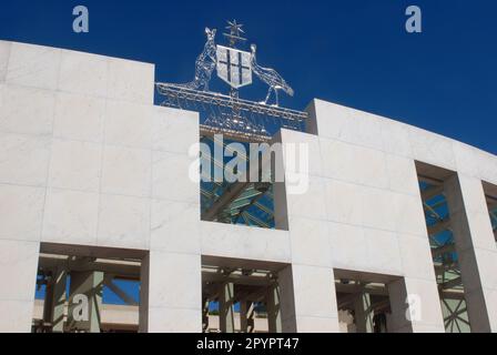 The Australian Coat of Arms above the entrance to Parliament House, Canberra, Australia. Stock Photo