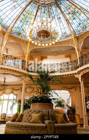 Monte Carlo, Monaco, interior Design, Luxury Hotel Hermitage, Lounge, Low Angle view inside with plants Stock Photo