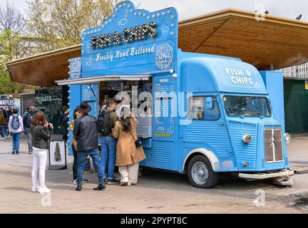 Bright blue old fashioned van selling Fish & Chips along the Southbank, London UK Stock Photo