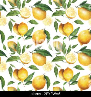 A seamless lemon pattern on white background with lemon and leaves Stock Photo