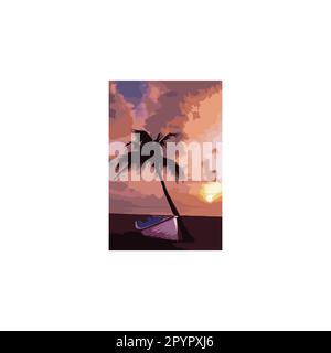 Beach, sunset, illustration geometric symbol simple logo vector Stock Vector