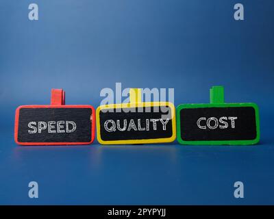Colored wooden board with the word SPEED QUALITY COST on blue background Stock Photo
