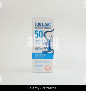 Mineral-based reef-friendly Blue Lizard Australian Sunscreen made without oxybenzone or octinoxate, chemicals that can damage ocean coral reefs Stock Photo