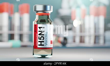 Concept of a glass vial of H5N1 influenza virus. Medical research and development 3D illustration. Stock Photo
