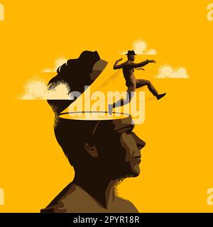 A man makes a leap out of the mind of a person. Feeling trapped, Moving on Mental health concept. Stock Vector