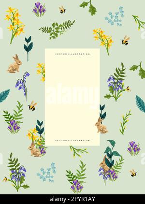 Floral Spring background layout with bluebells, daffodils and wild plants. Vector decorative layout composition Stock Vector