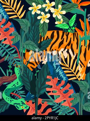 Exotic modern tropical rain forest pattern background with brush strokes and floral elements. Vector illustration Stock Vector