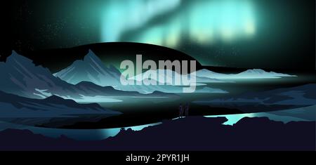 Beautiful northern lights aurora dancing in the night sky with people watching the view over the mountains. Vector illustration. Stock Vector