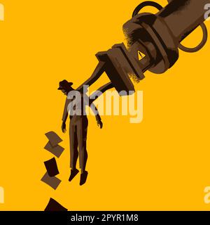 Your services are no longer required. A businessman looses grip on his paperwork as he is carried away by a robotic arm. Artificial intelligence repla Stock Vector