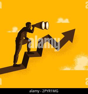 A man stands on a arrow and searches for a future reference point in uncertain times. Business and growth vector illustration concept Stock Vector