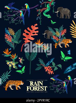 Dark and wild exotic tropical plants and animal texture background elements. Vector illustration. Stock Vector