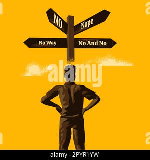 No way forward. A businessman stands and looks up at crossroad signs and gets no choice. People and future options vector illustration. Stock Vector
