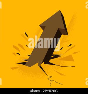 An arrow breaks thought the ground and continues moving upwards. Positive foreard business motion vector illustration. Stock Vector