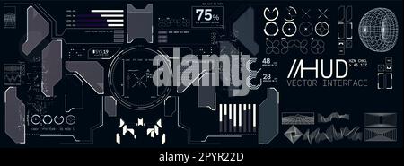 A futuristic set of cyberpunk HUD UI interface wireframe element aesthetics. Vector illustration. Stock Vector