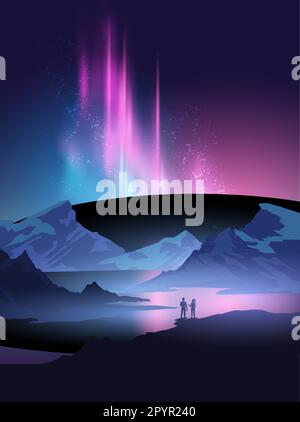 Two hikers travelling and exploring stop to admire the Northern Lights aurora at night above a beautiful mountain range. Stock Vector