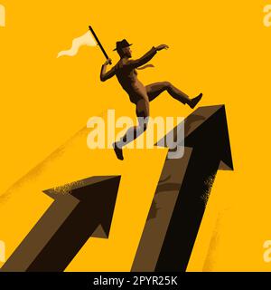 Leading the way to success. A businessman jumping over arrows carring the flag of success. Business and leadership vector illustration. Stock Vector