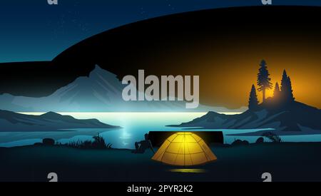 A still and peaceful mountain and lake landscape with a man and a pitched up tent camping and enjoying the view. Vector illustration. Stock Vector