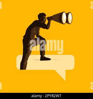 A man stands on a speech bubble searching for answers and truth. Analysing conversations, reports and assignments vector illustration. Stock Vector
