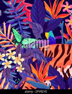 A wild and colourful midnight rainforest texture and pattern background. Stock Vector