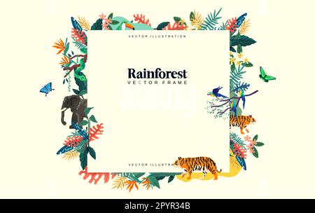 A wild rainforest decorative frame with animals and botanical plants. Vector illustration layout Stock Vector