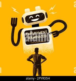 A worker has been informed by a friendly AI bot that his employment at a company has been terminated. Artificial intelligence replacing jobs, careers, Stock Vector