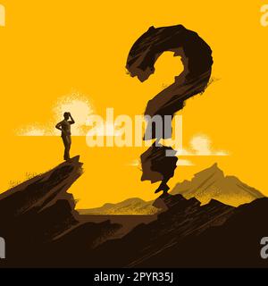 A questionable and Unsure Future Landscape. A businessman standing in a landscape with a rock formation in the shape of a question mark. Business vect Stock Vector