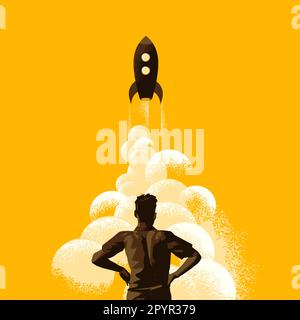Blast off! A man stands and watches as a rocket launches into space. Startup and achievement vector illustration concept. Stock Vector