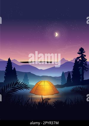 A camping tent pitched up in a beautiful travel location, with mountains and trees, at dusk with the moon and stars glowing in the night sky. Vector i Stock Vector