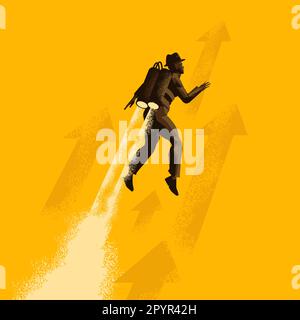 A businessman launching upwards into the sky wearing a jetpack! business and success concept vector illustration. Stock Vector