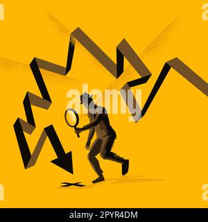 The hunt for profits. A businessman using a magnifying glass to seek out investments and growth opportunities. Business vector illustration. Stock Vector