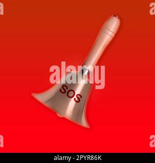 Golden bell with abbreviation SOS on red background Stock Photo